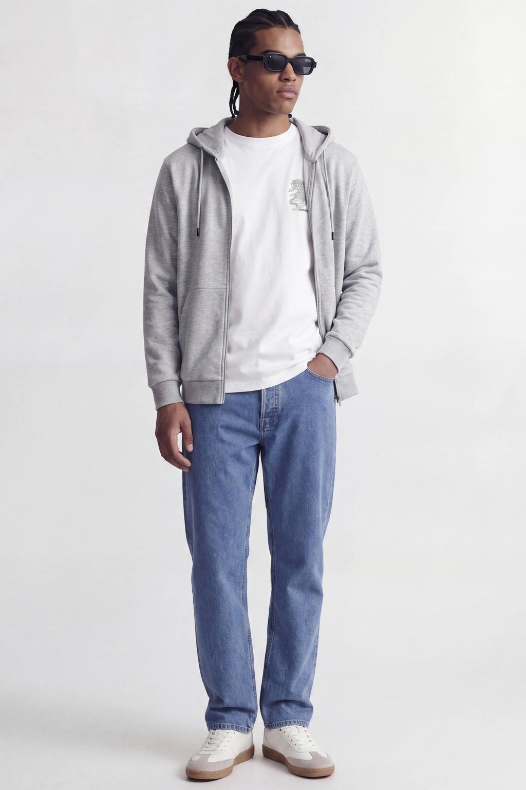 Grijze heren JACK & JONES ESSENTIALS sweatvest melange met lange mouwen, capuchon, ritssluiting en geribde boorden
