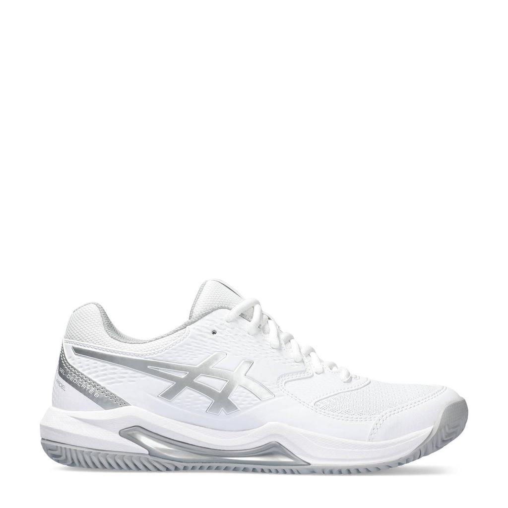 Wit en zilverkleurige dames ASICS Gel-Dedicate 8 Padel padelschoenen van imitatieleer/voering: mesh/voetbed: eva met veters