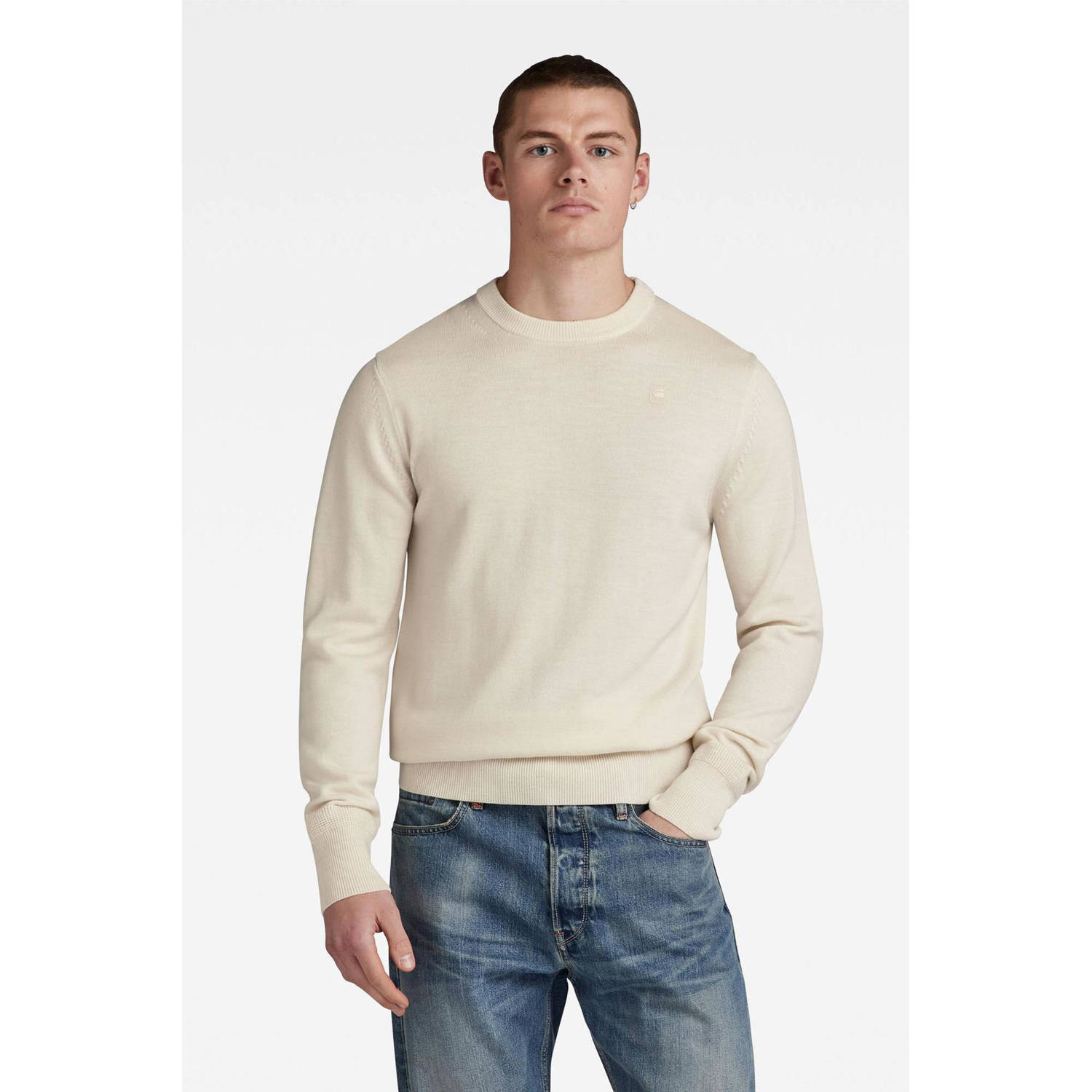 G-Star RAW premium core gebreide trui van merino wol ecru