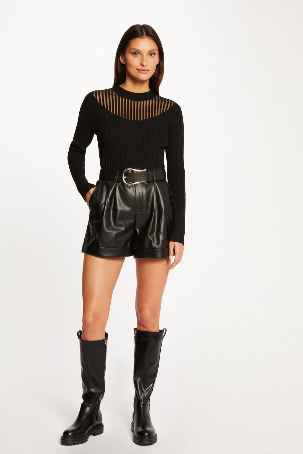 Zwarte dames Morgan gestreepte ribgebreide top van viscose met lange mouwen en mesh