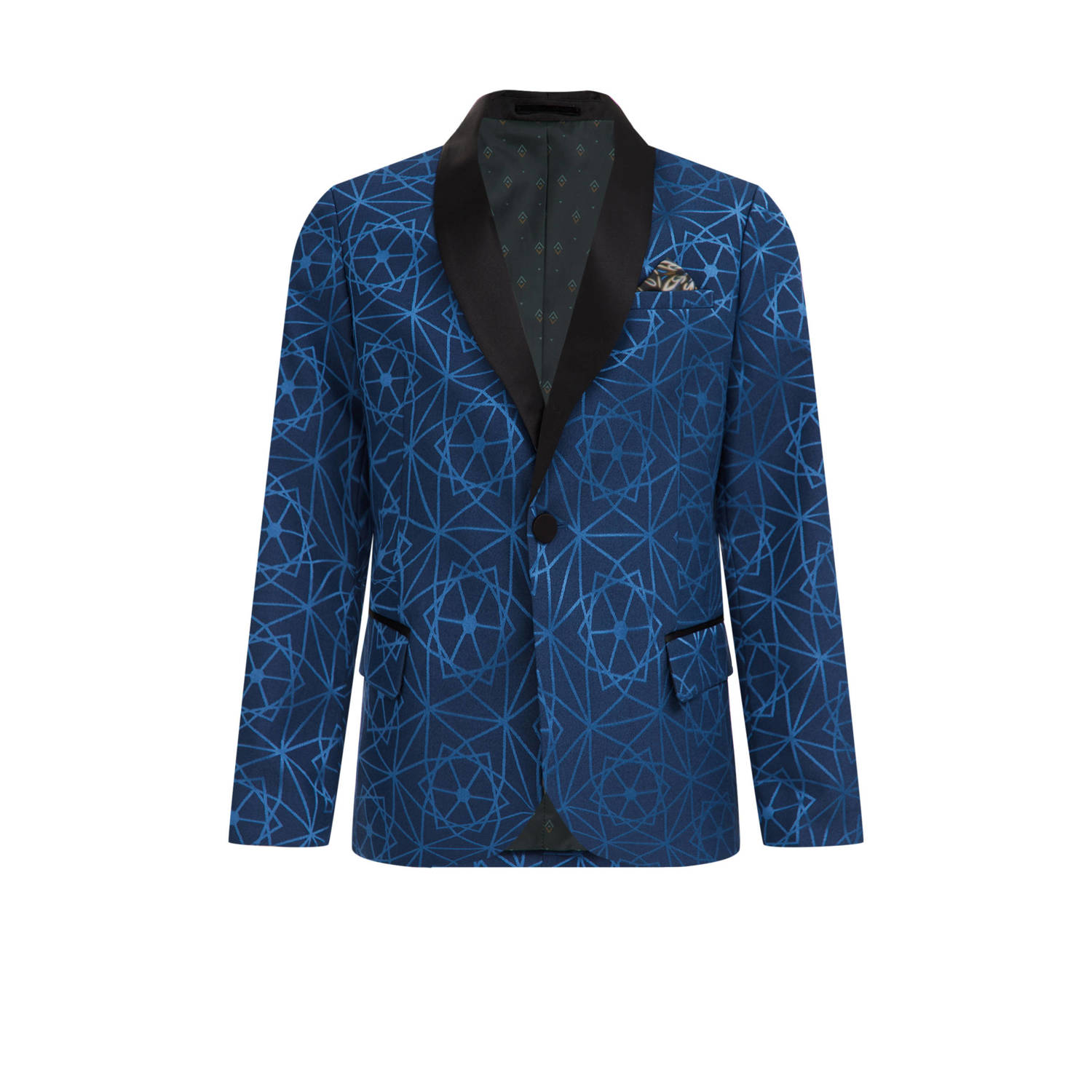 WE Fashion colbert met all over print blauw zwart Jongens Polyester Smokingkraag 110 116