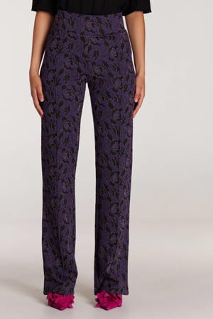 high waist flared pantalon PAMELA met jacquard paars/zwart