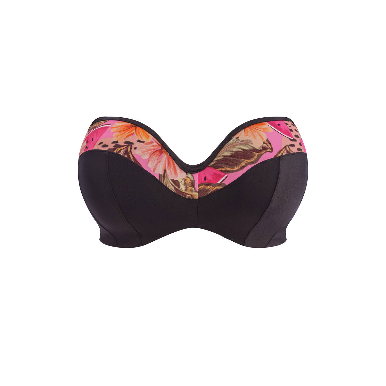 Elomi +size niet-voorgevormde strapless bandeau bikinitop Cabana Nights zwart roze