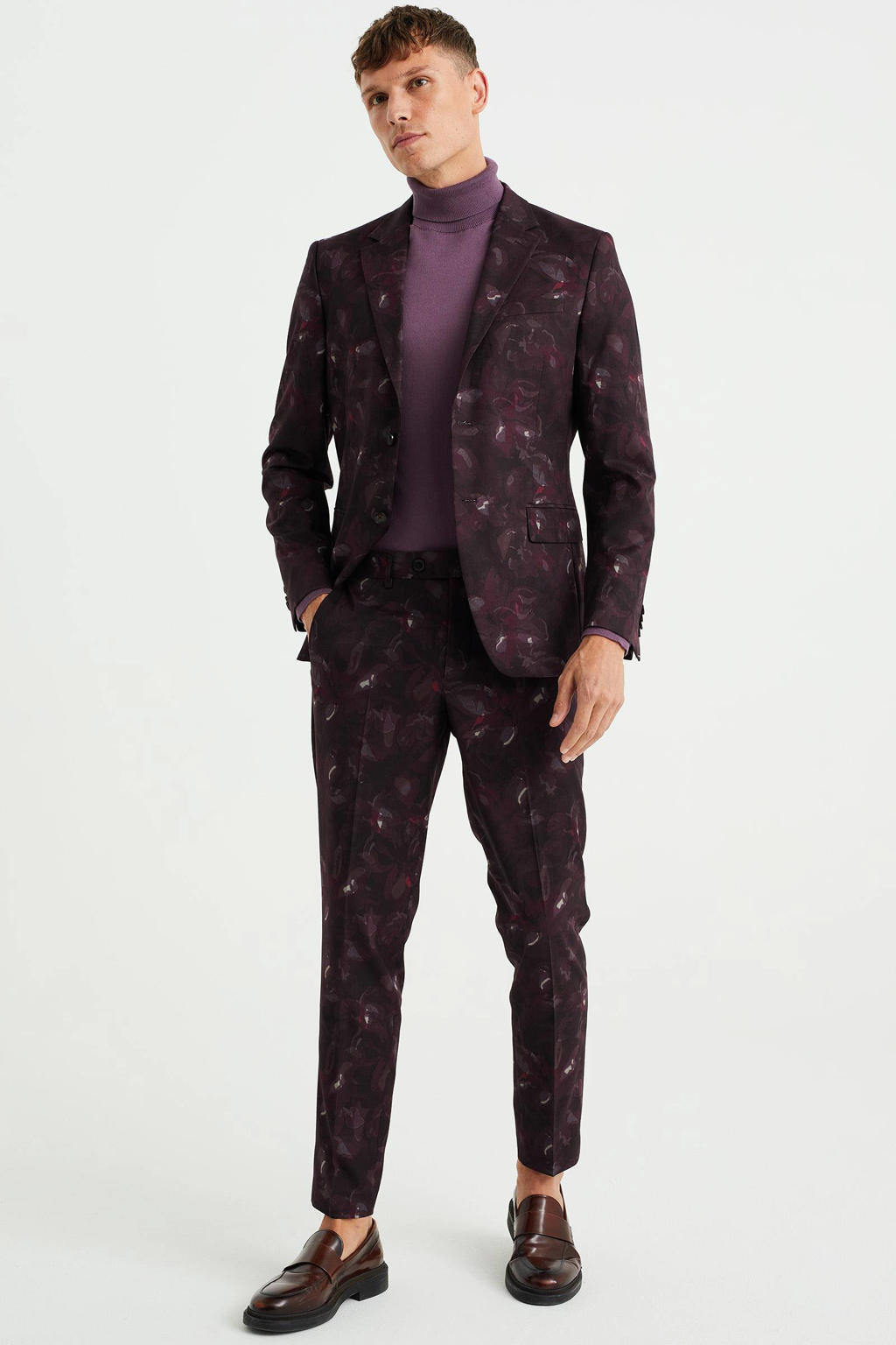 Rode heren WE Fashion slim fit colbert van polyester met all over print en reverskraag