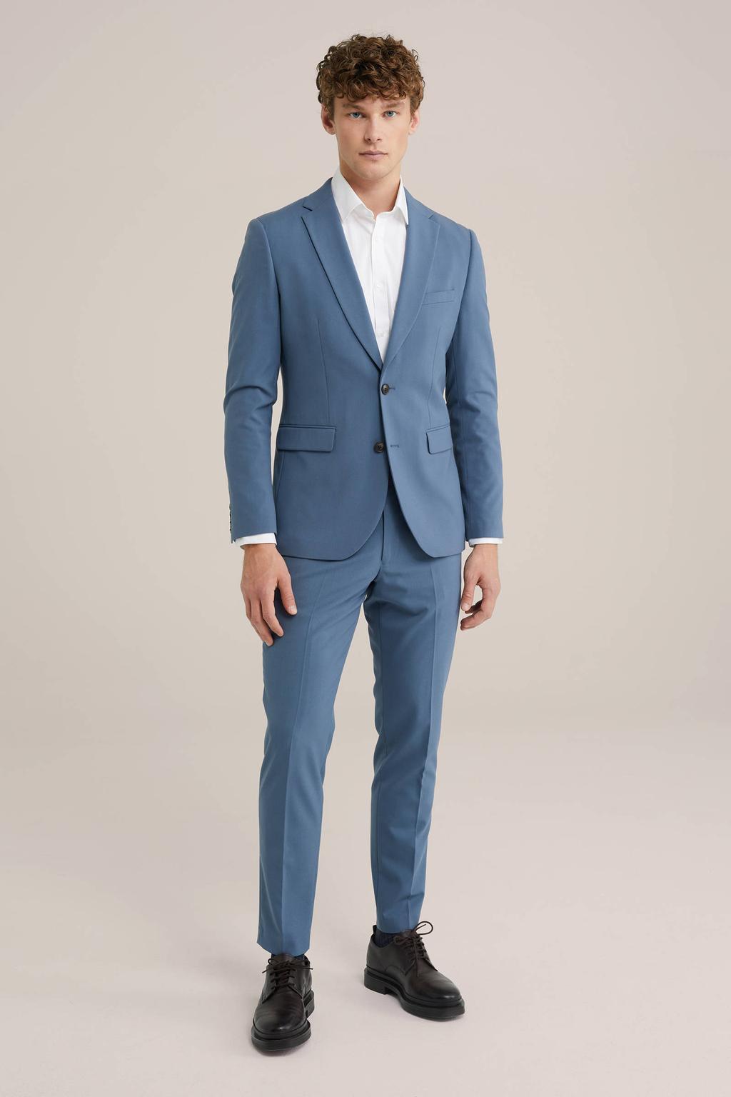 Blauwe heren slim fit colbert Rural Blue van polyester met effen, reverskraag en geweven detail