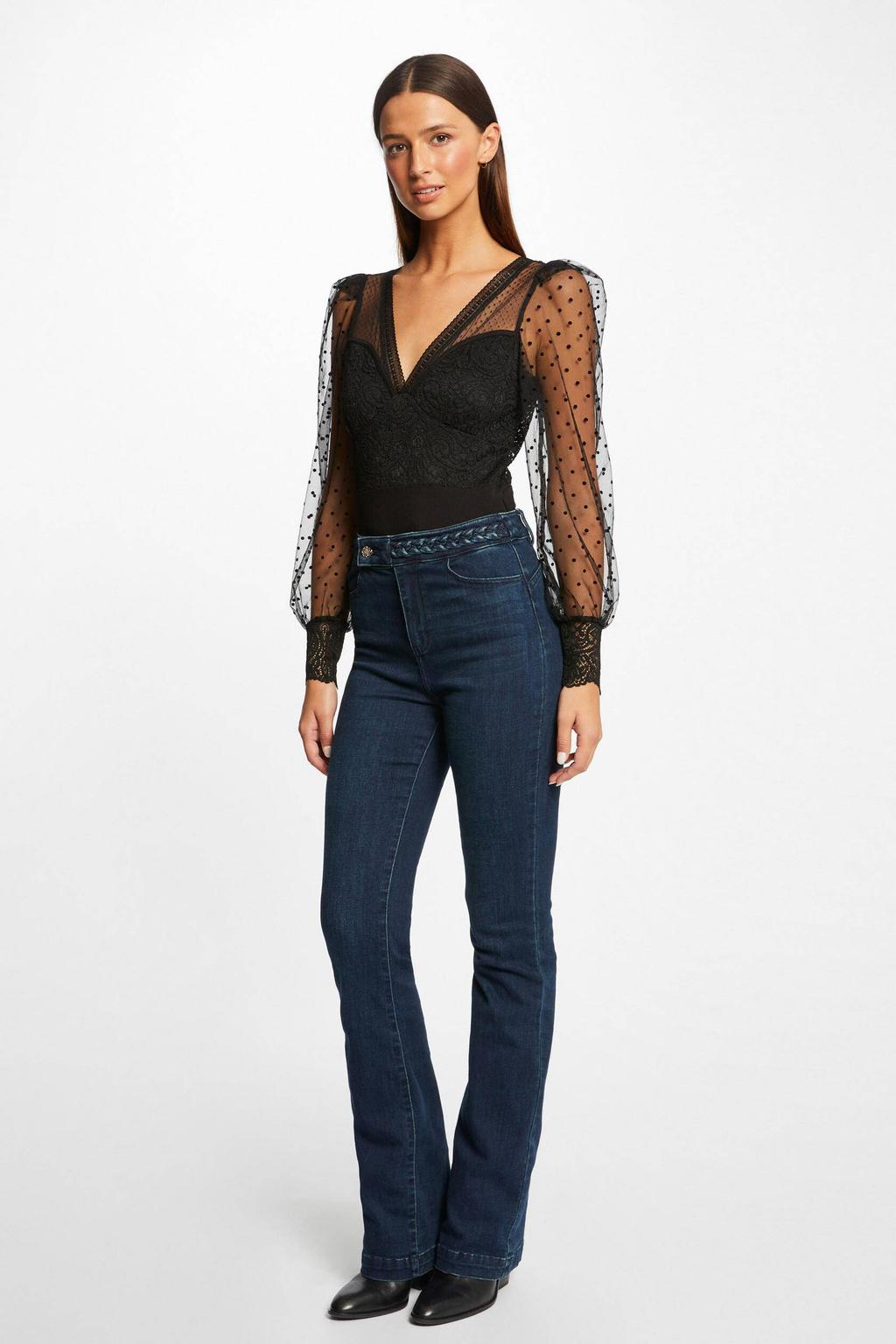 Zwarte dames Morgan semi-transparante body van polyamide met effen, lange mouwen en V-hals