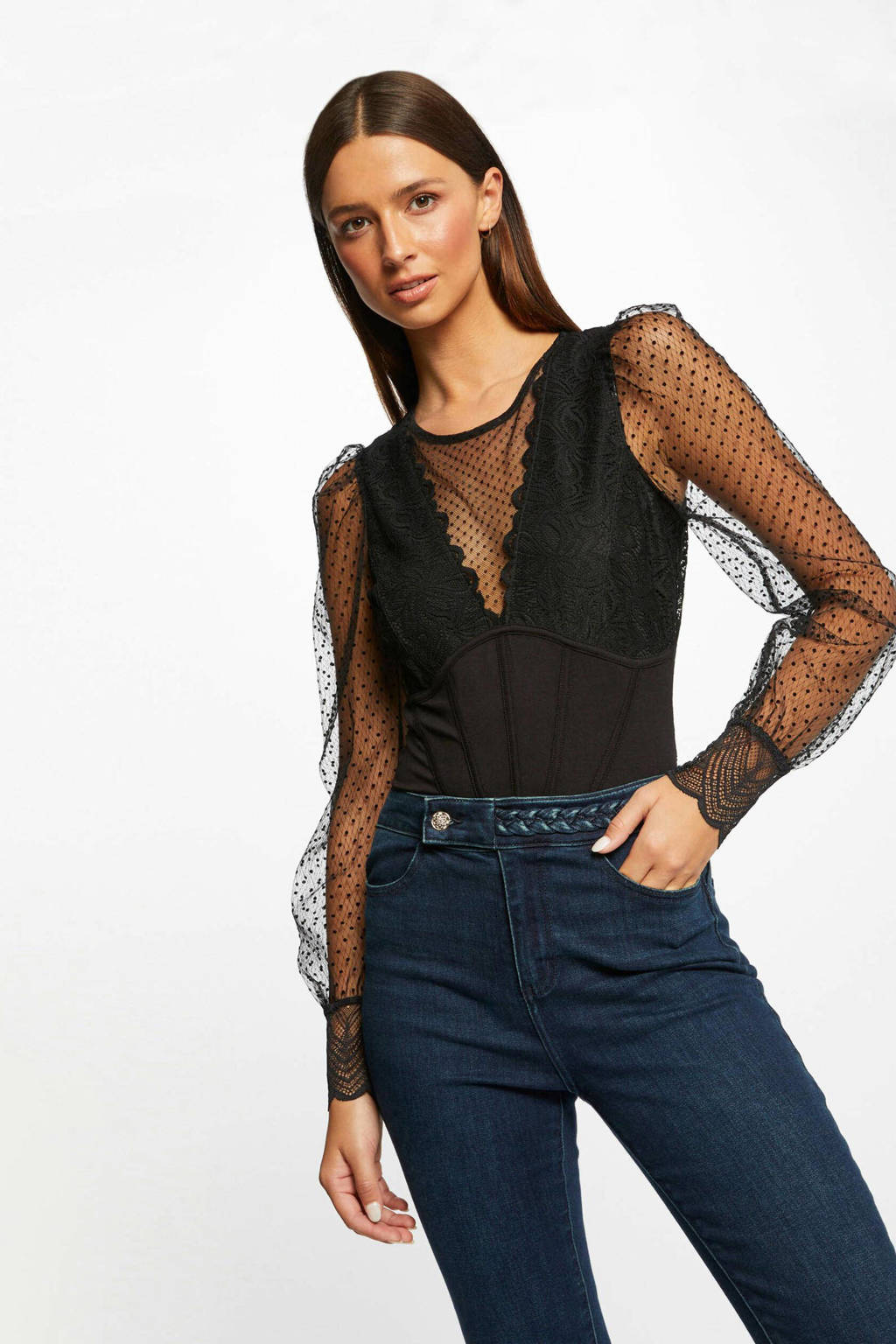 Morgan semi-transparante top met all over print en kant zwart Morgan semi-transparante top met all over print en kant zwart