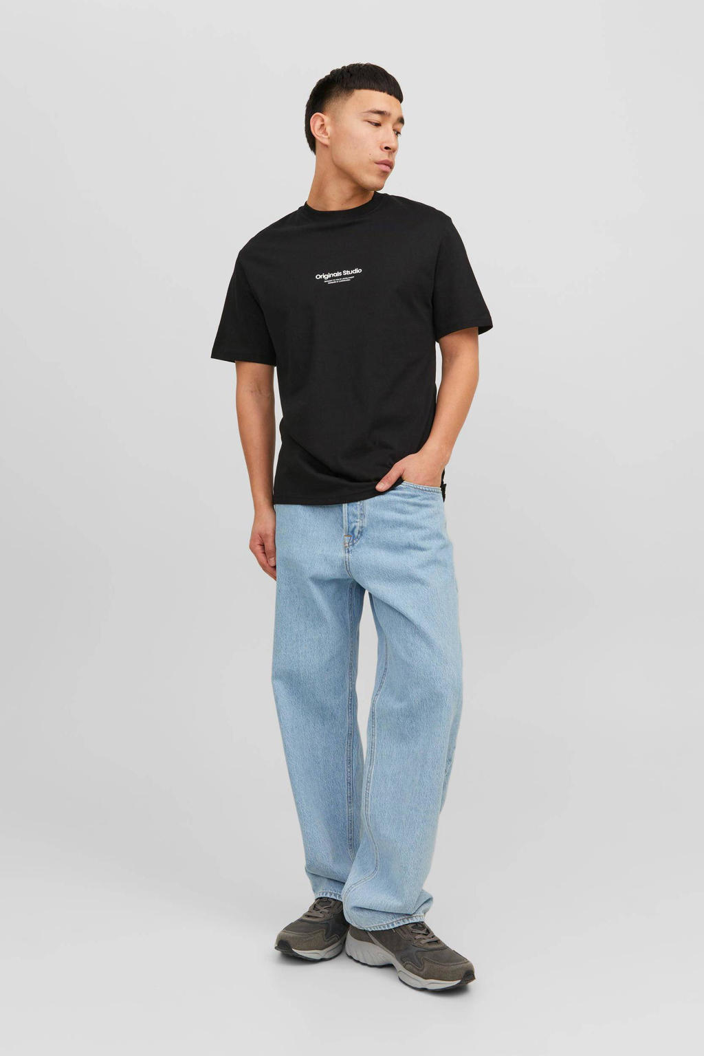 Zwarte heren JACK & JONES ORIGINALS regular T-shirt van katoen met printopdruk, korte mouwen en ronde hals