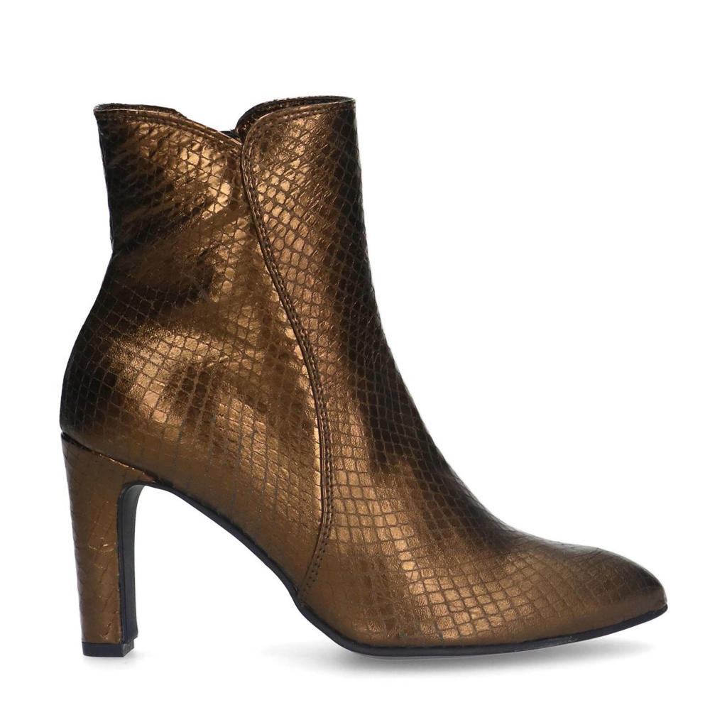 Bronzen dames Manfield leren enkellaarzen met hak(je), ritssluiting en slangenprint