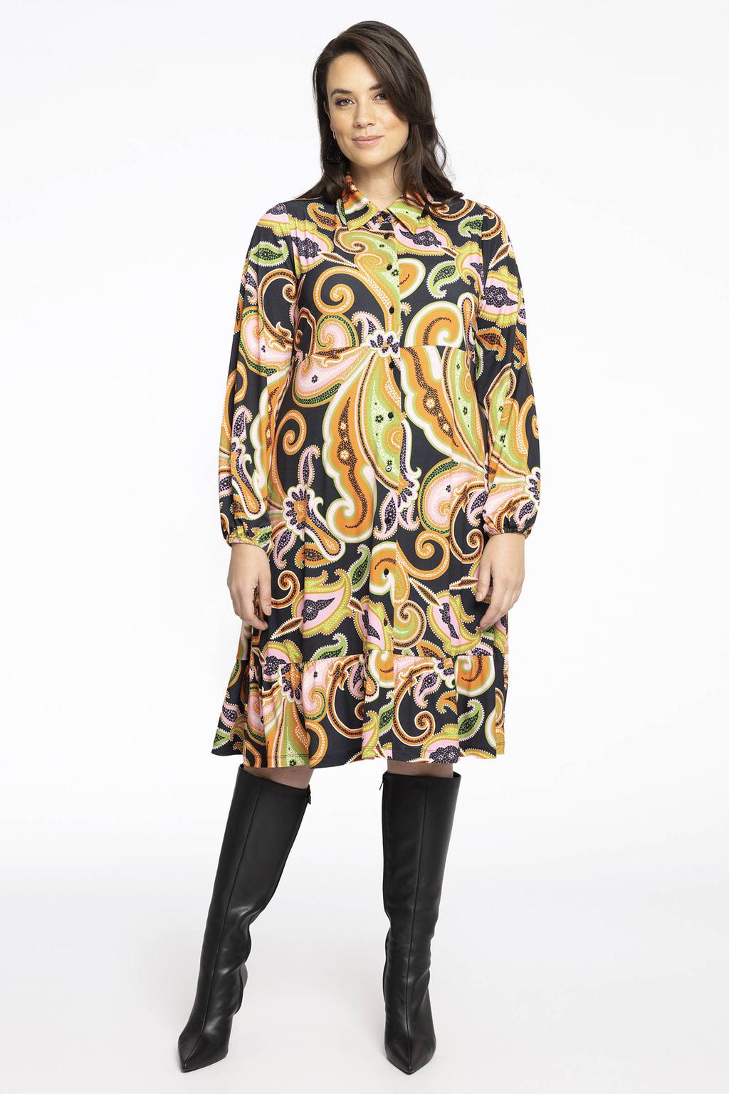 YOEK blousejurk DOLCE van travelstof met paisleyprint zwart/geel