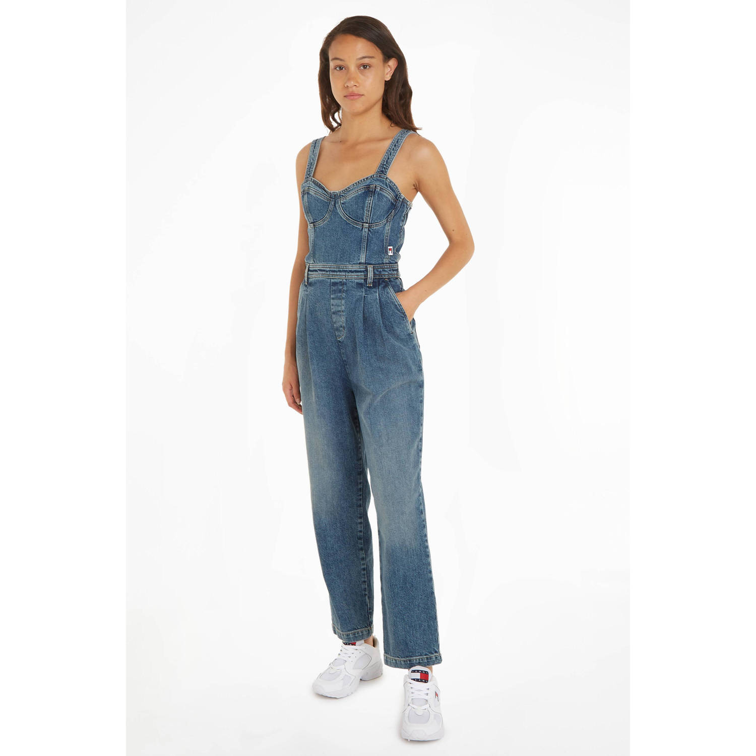 Tommy Jeans high waist straight fit tuinbroek medium blue denim