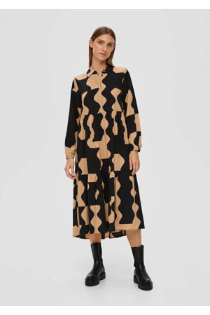 blousejurk met grafische print en volant camel/ zwart