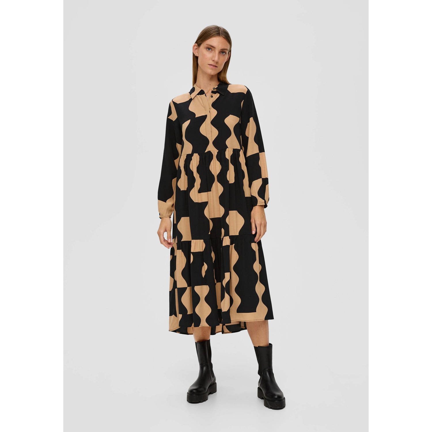 S.Oliver BLACK LABEL blousejurk met grafische print en volant camel zwart