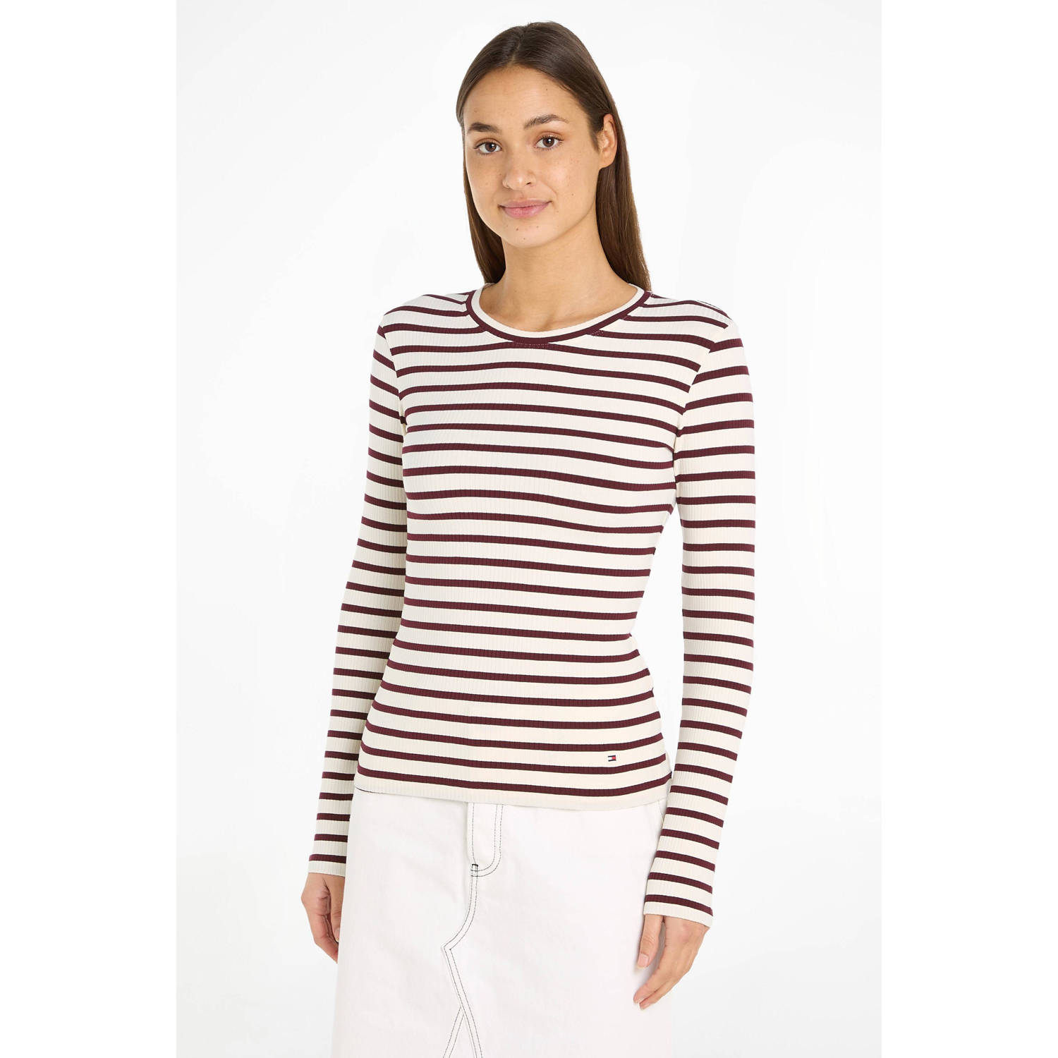 Tommy Hilfiger gestreepte ribgebreide top offwhite donkerrood