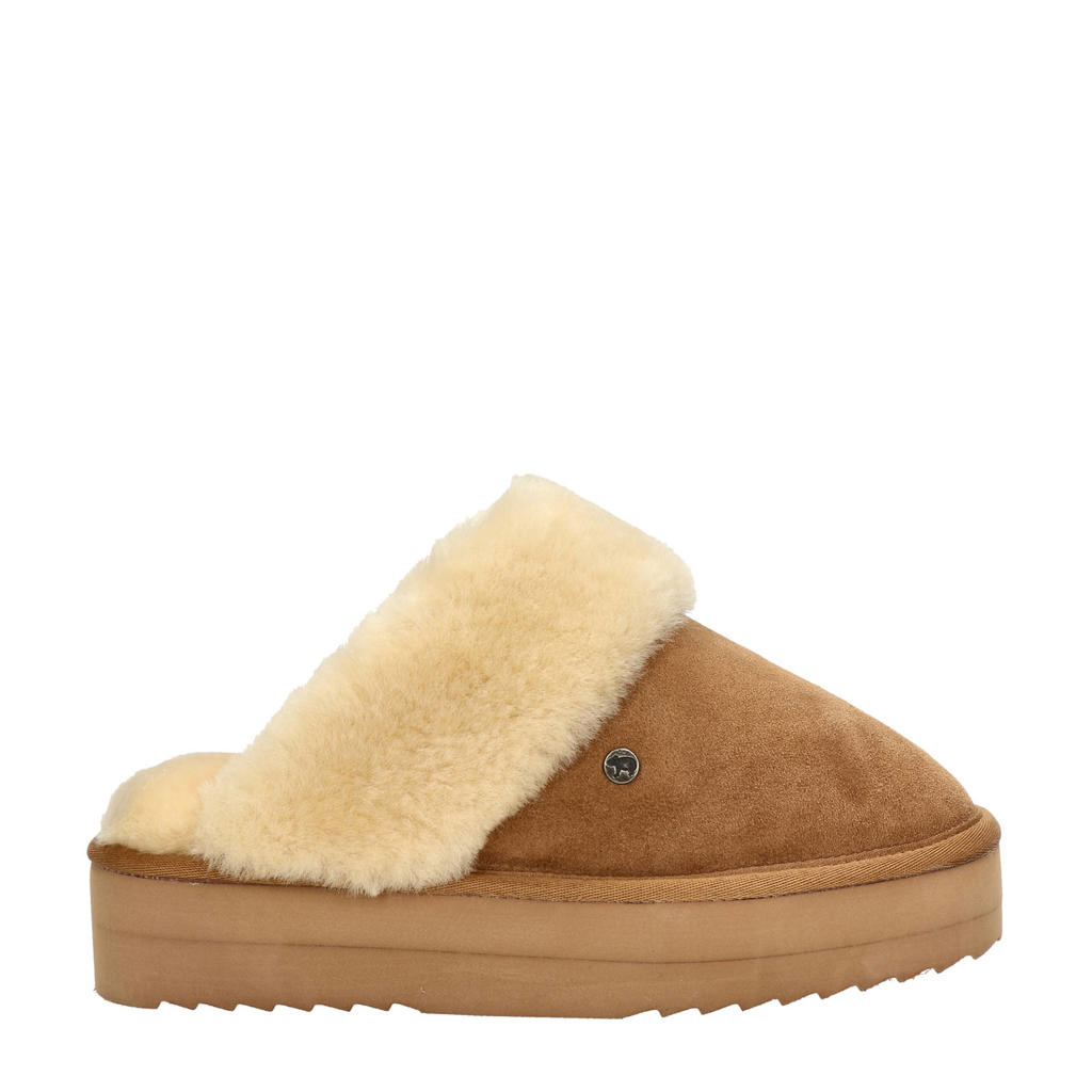 Cognackleurige dames Warmbat Australia suède pantoffels met wol