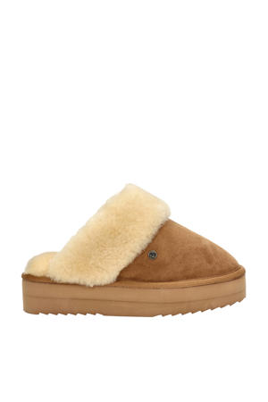 suède pantoffels met wol cognac