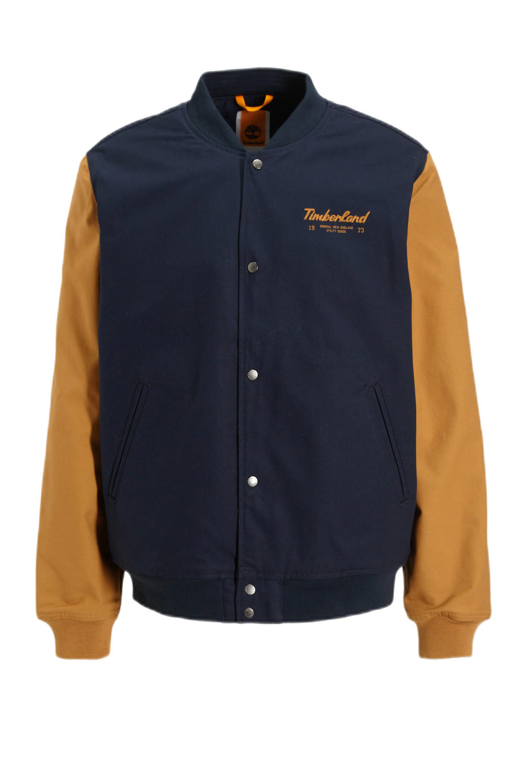 Blauwe heren Timberland bomberjack van katoen met backprint, lange mouwen, opstaande kraag en drukknoopsluiting