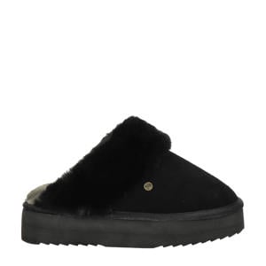 suède pantoffels met wol zwart