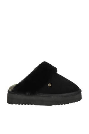 suède pantoffels met wol zwart