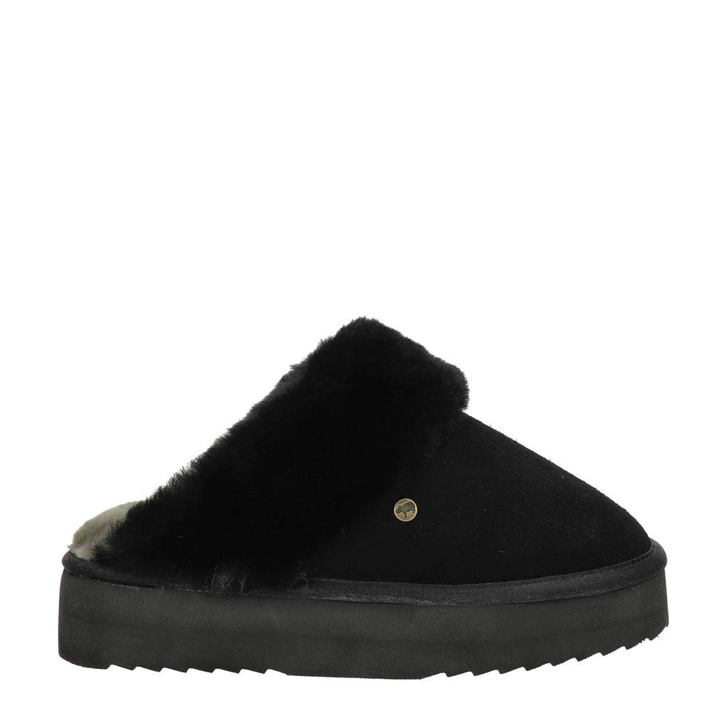 Zwarte dames Warmbat Australia suède pantoffels met wol