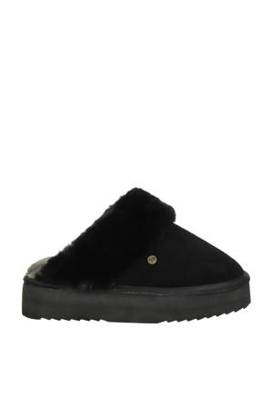 suède pantoffels met wol zwart