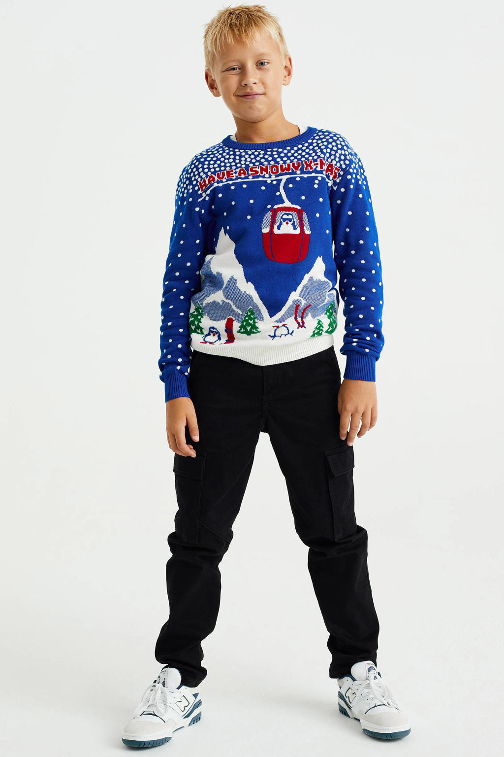WE Fashion kersttrui met all over print blauw/wit/rood