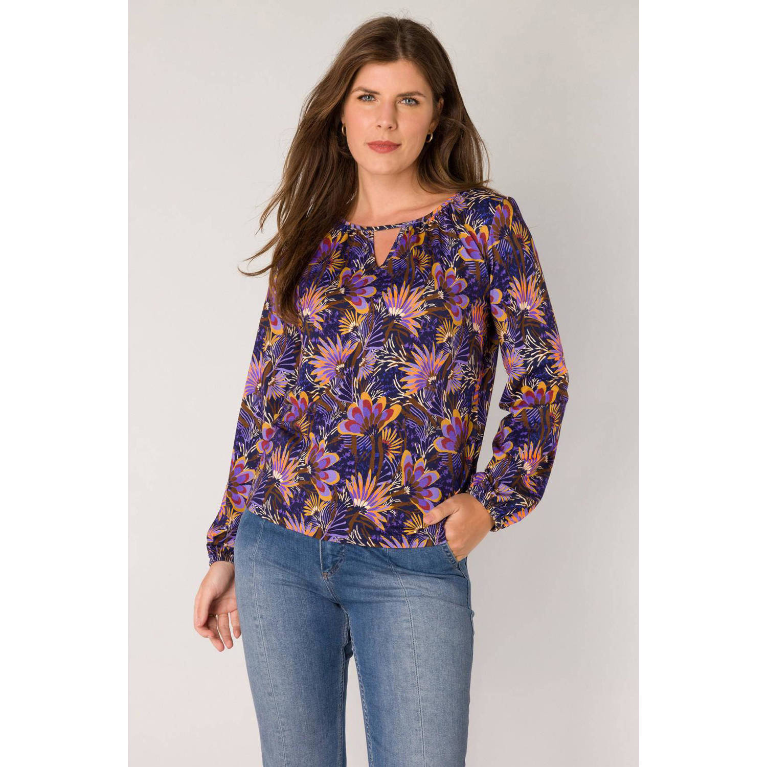 ES&SY blousetop met all over print paars roze oranje