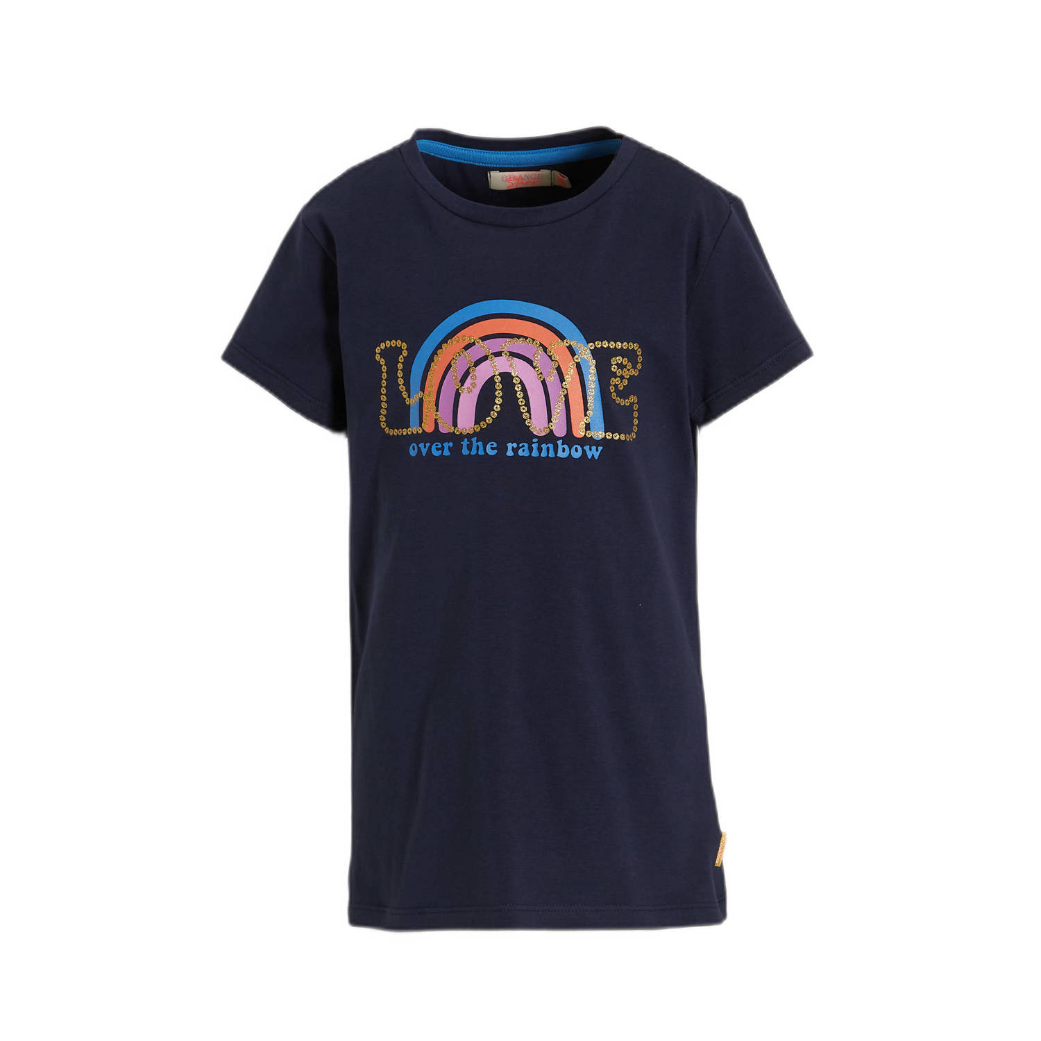 Orange Stars T-shirt Paula met tekstopdruk donkerblauw