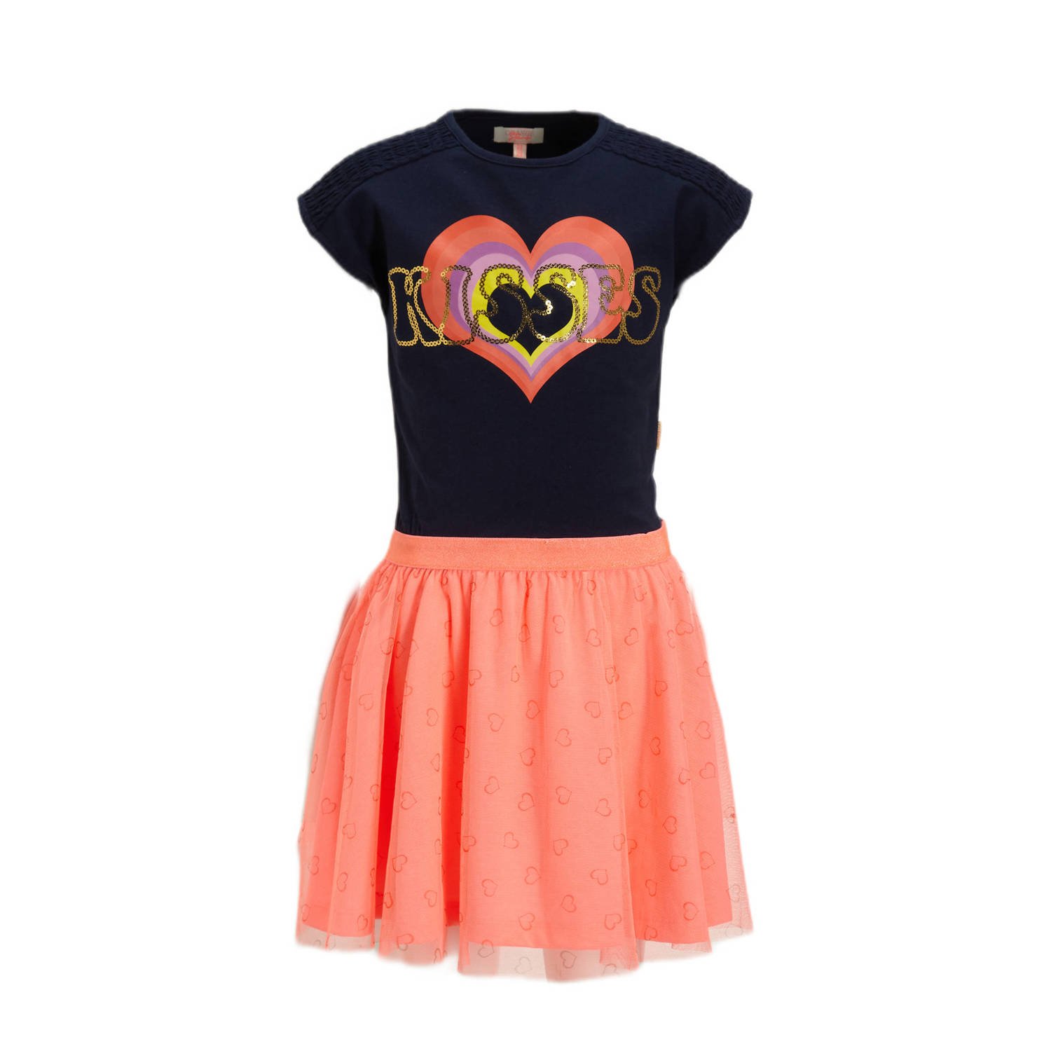 Orange Stars jurk Pebbles met tekstopdruk oranje zwart Meisjes Katoen Panterprint 122 128