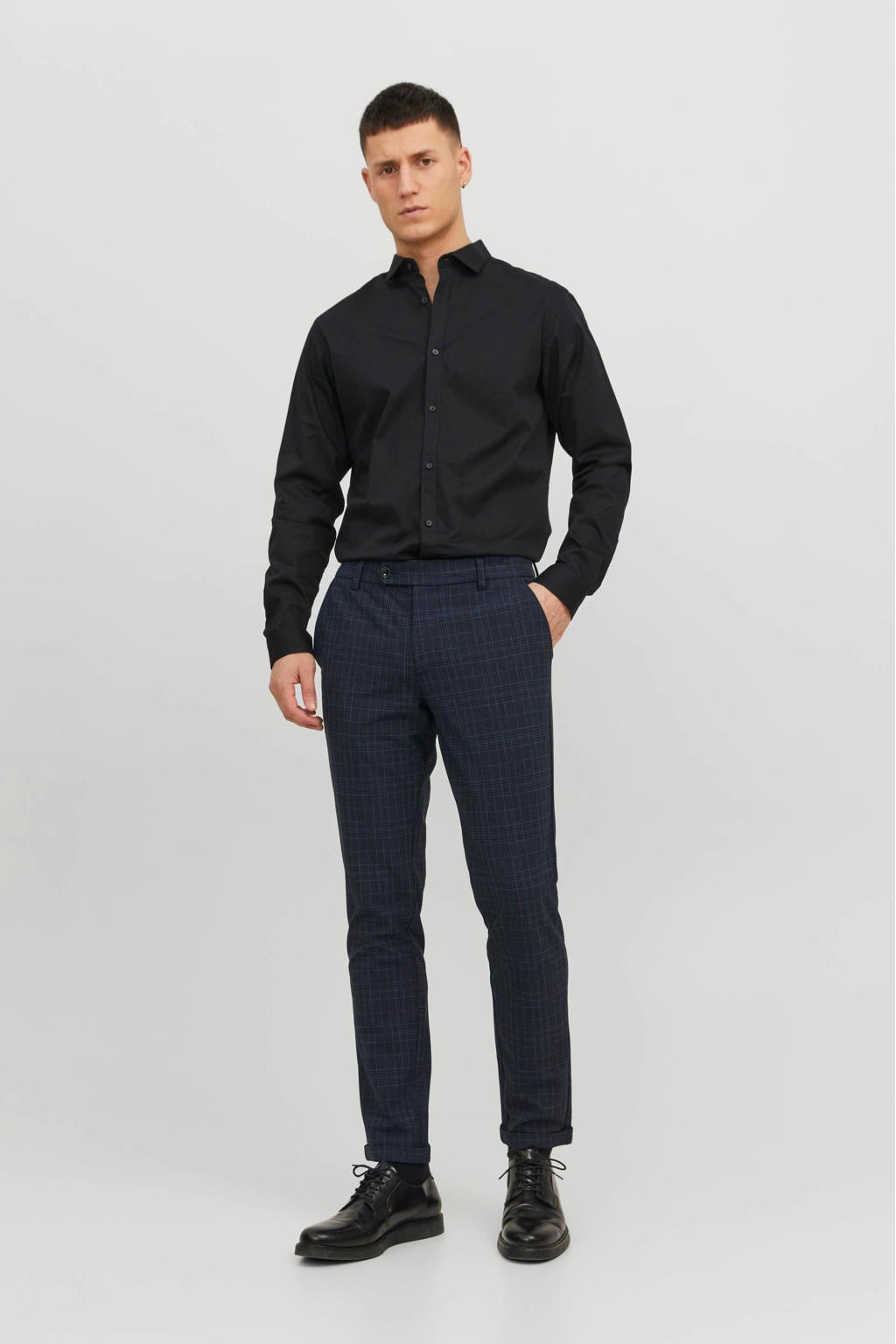 JACK & JONES PANTS STUDIO geruite slim fit chino JPSTMARCO blauw