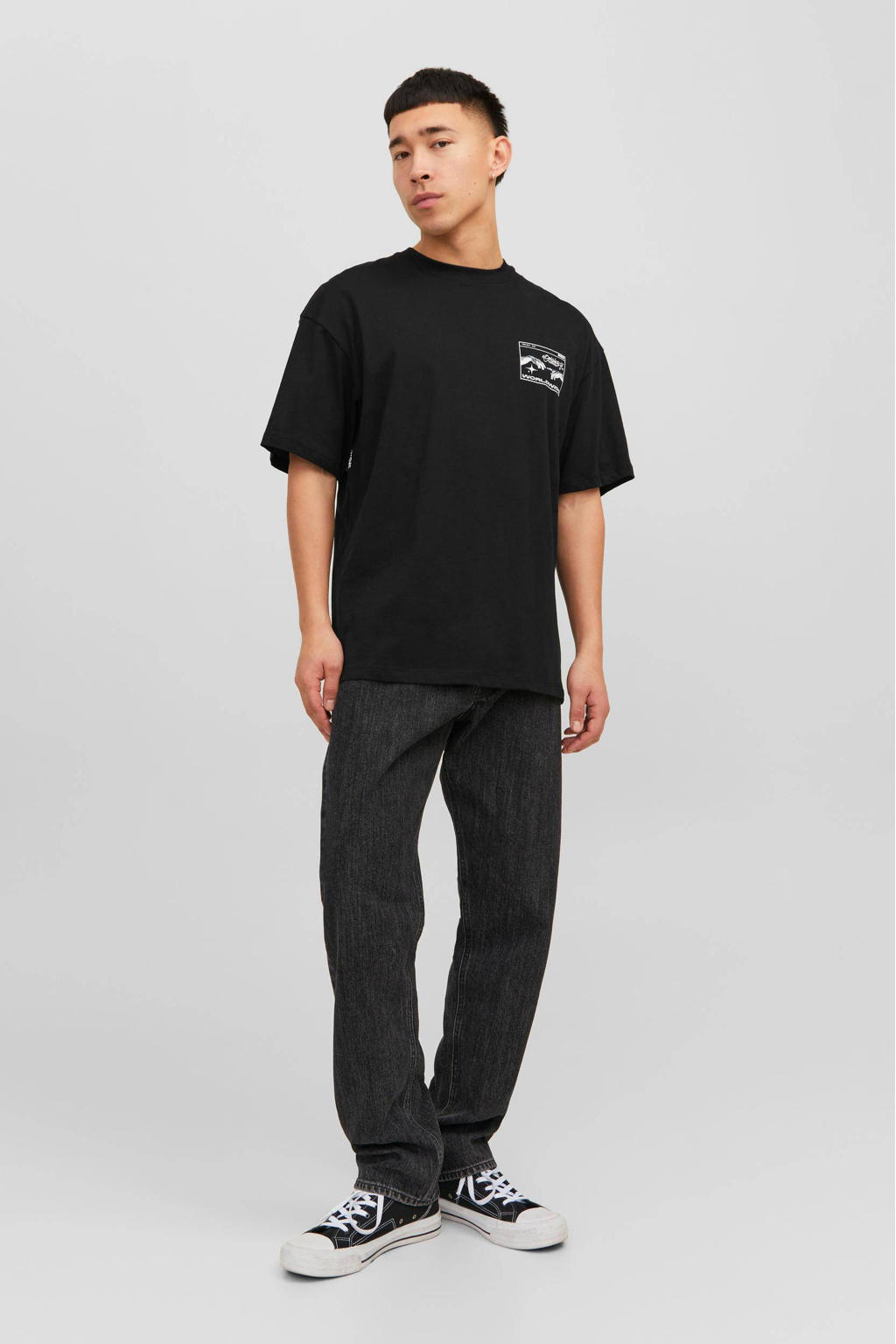 Zwarte heren JACK & JONES ORIGINALS oversized T-shirt van katoen met korte mouwen en ronde hals