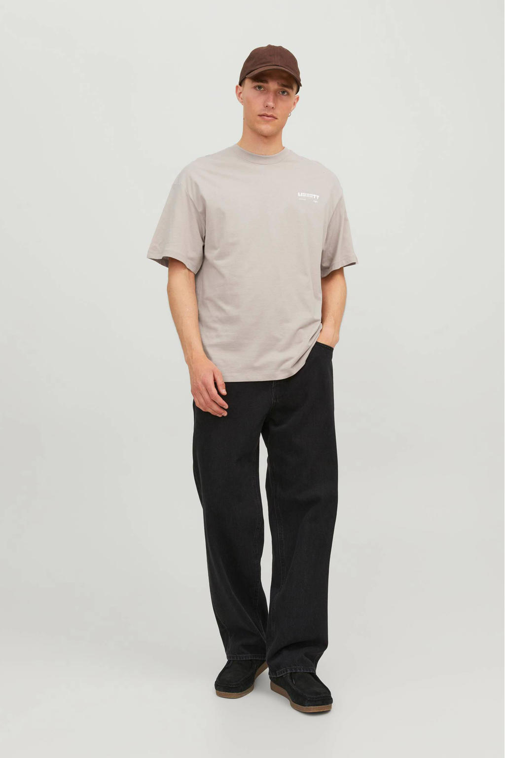 Beige heren JACK & JONES ORIGINALS oversized T-shirt van katoen met korte mouwen en ronde hals