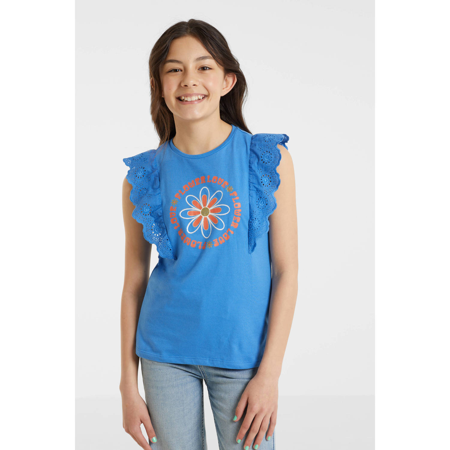 Anytime T-shirt met printopdruk blauw Meisjes Polyester Ronde hals Printopdruk 110 116