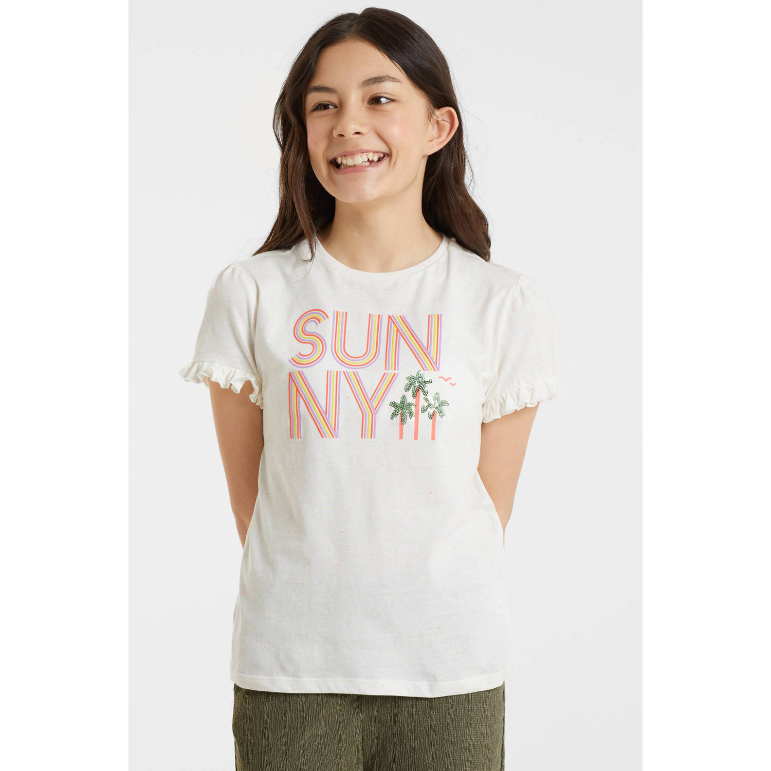 Anytime T-shirt met tekstopdruk wit Meisjes Katoen Ronde hals Tekst 110 116