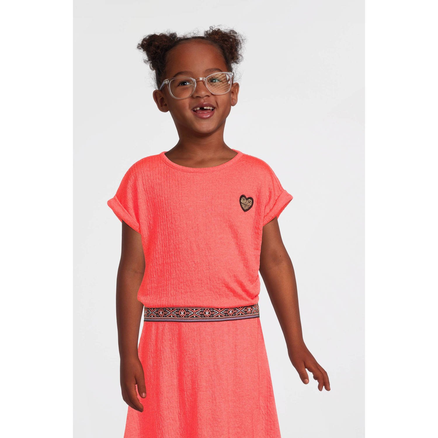 Orange Stars jurk Phileine met all over print koraal Oranje Meisjes Katoen Ronde hals 110 116