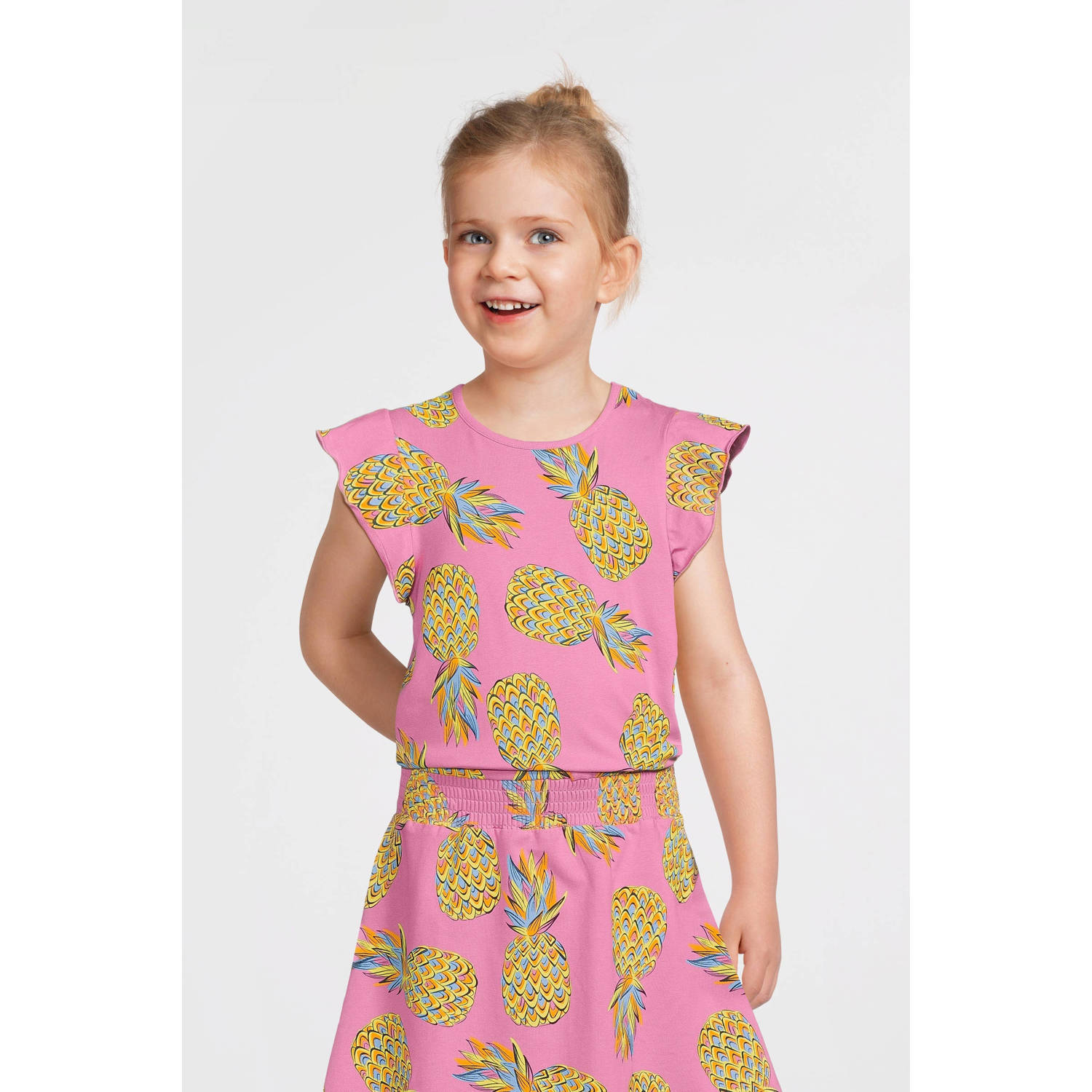 Orange Stars jurk Phyllis met all over print roze Meisjes Katoen Ronde hals 110 116