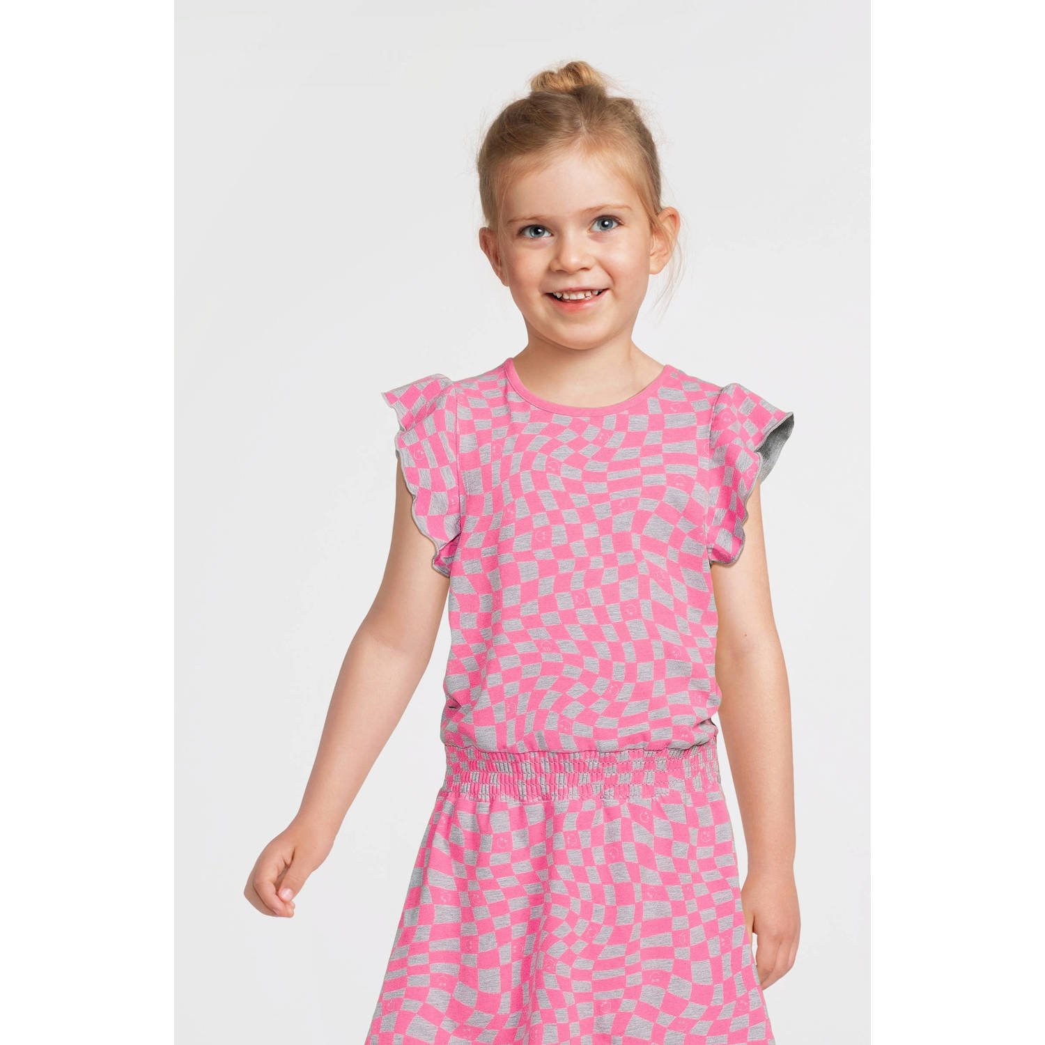 Orange Stars jurk Phyllis met all over print roze Meisjes Katoen Ronde hals 110 116