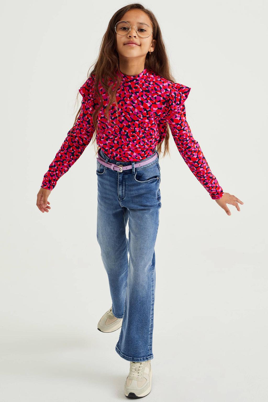 Medium blue denim meisjes WE Fashion Blue Ridge high waist wide leg jeans blue van duurzaam denim met rits- en knoopsluiting
