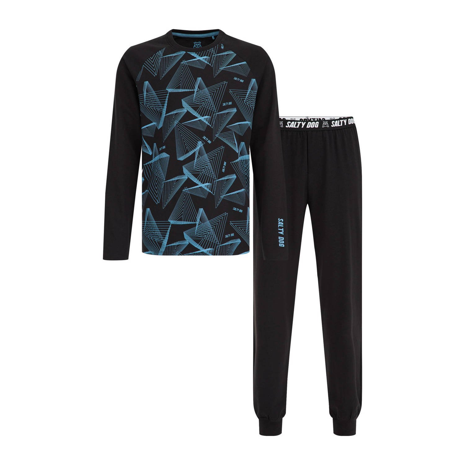 WE Fashion Salty Dog pyjama met all over print zwart blauw Jongens Stretchkatoen Ronde hals 110 116