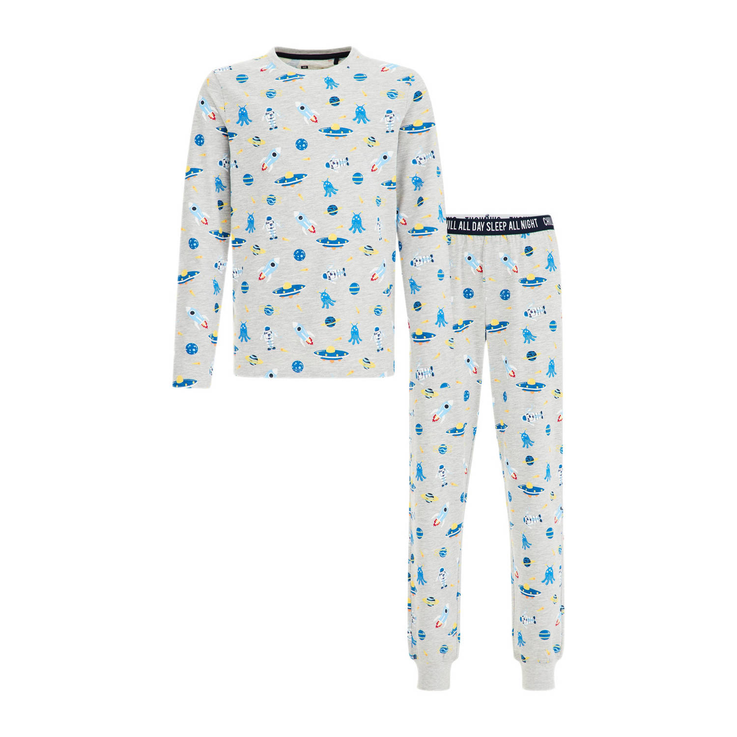 WE Fashion pyjama met all over print lichtgrijs melange blauw Jongens Stretchkatoen Ronde hals 110 116