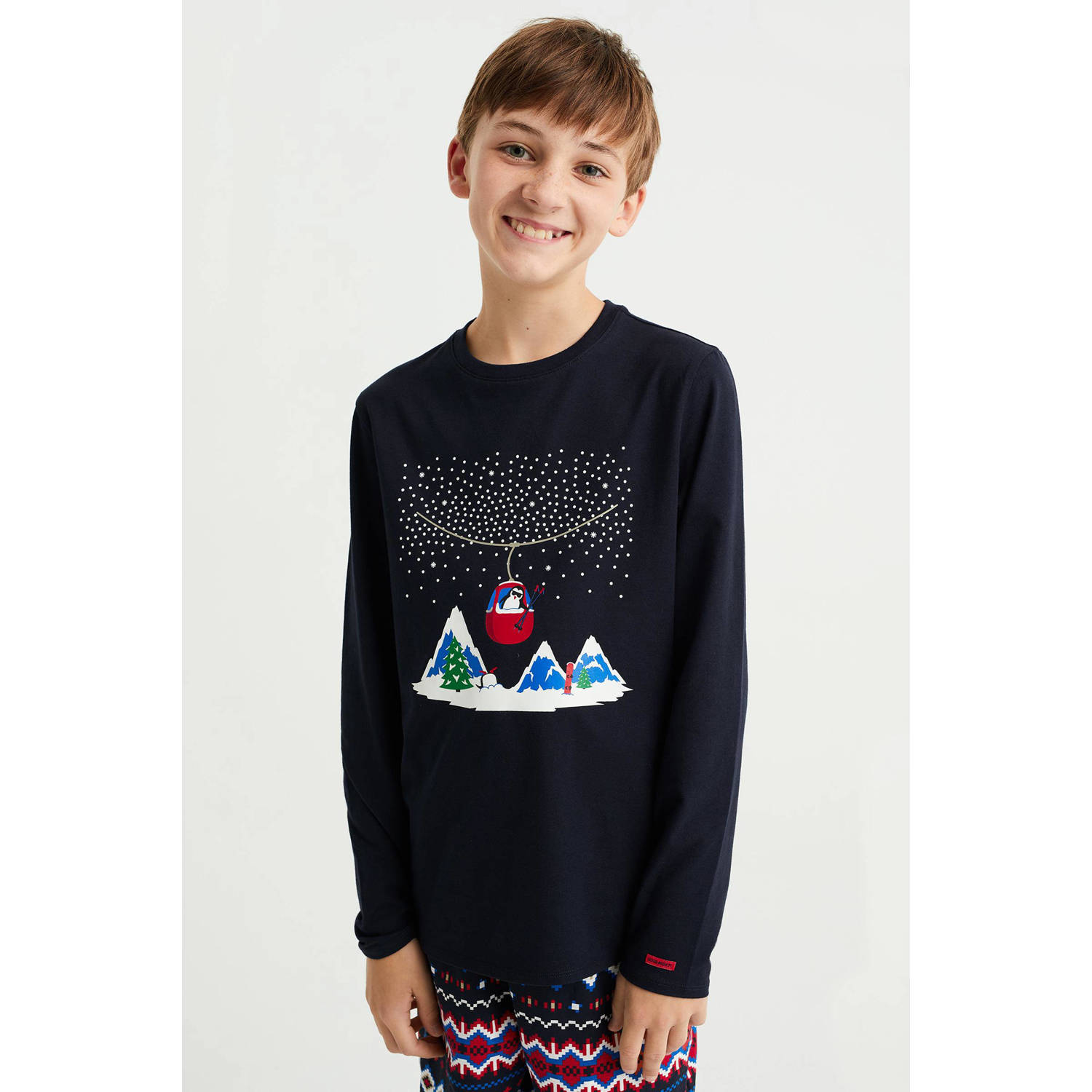 WE Fashion pyjama donkerblauw rood wit Jongens Stretchkatoen Ronde hals 110 116