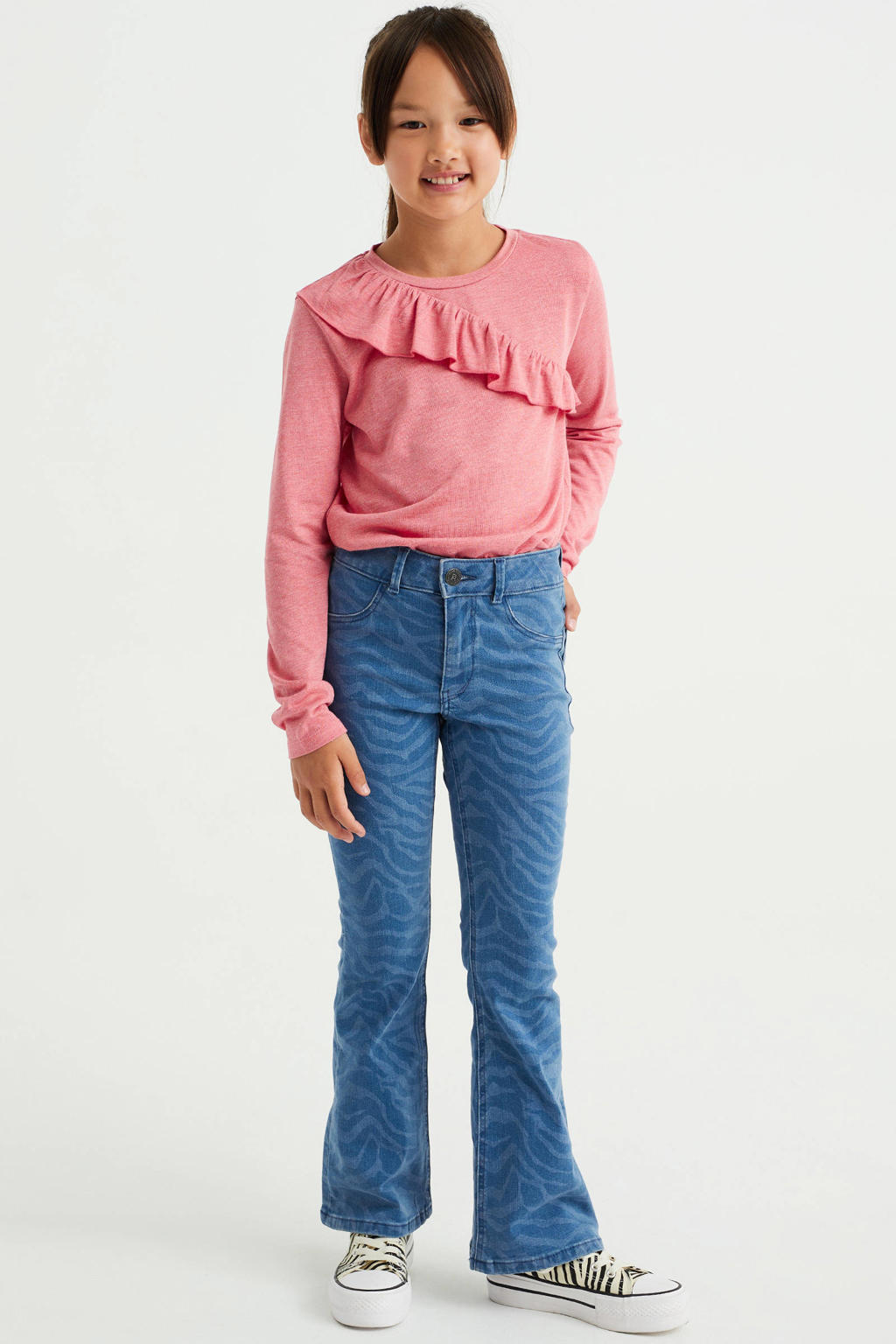 Medium blue denim meisjes WE Fashion flared jeans fresh blue van stretchdenim met regular waist en rits- en knoopsluiting