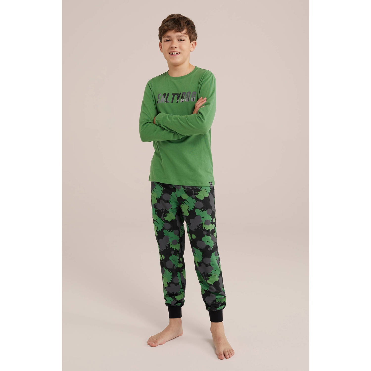 WE Fashion Salty Dog pyjama met all over print groen zwart Jongens Stretchkatoen Ronde hals 170 176