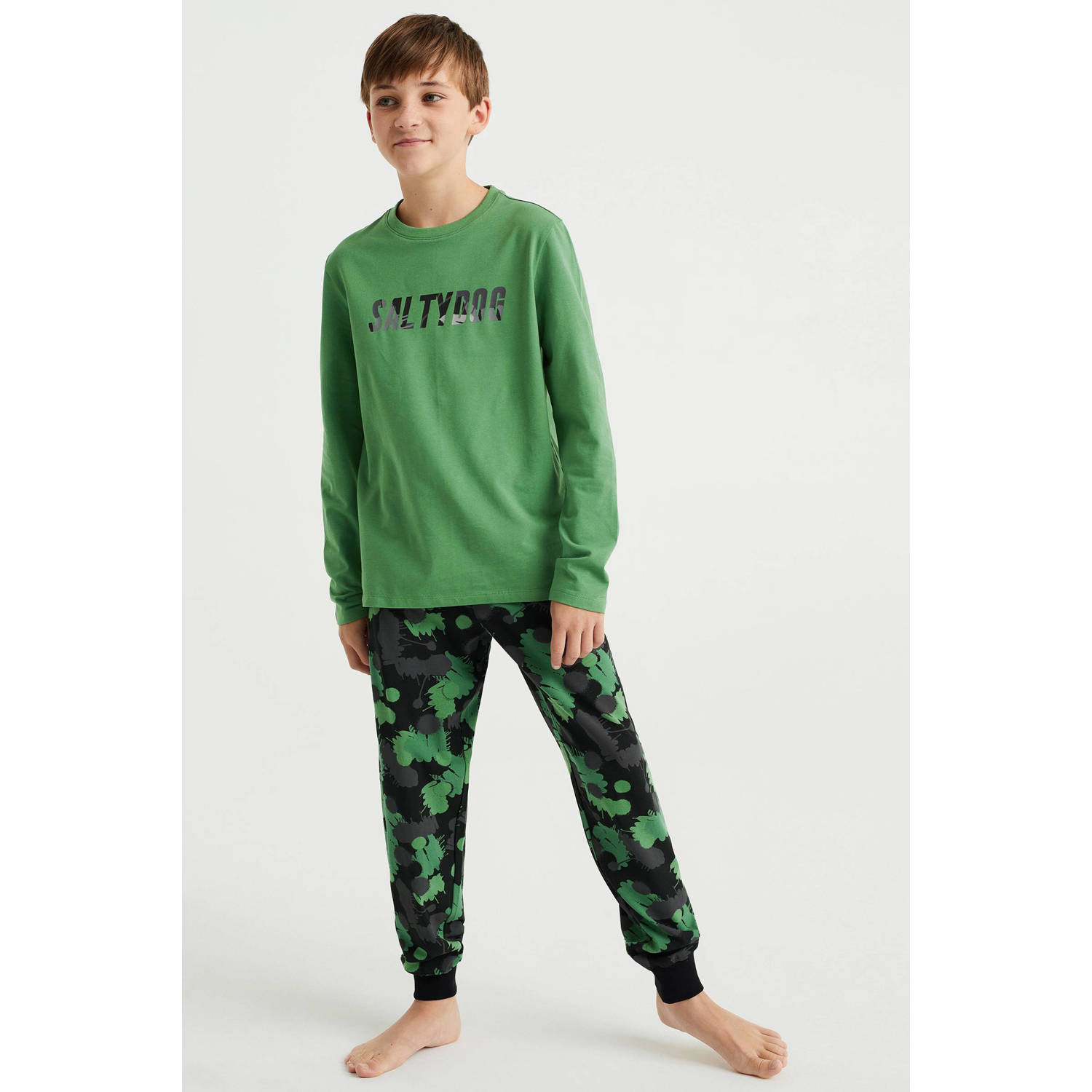 WE Fashion Salty Dog pyjama met all over print groen zwart Jongens Stretchkatoen Ronde hals 170 176