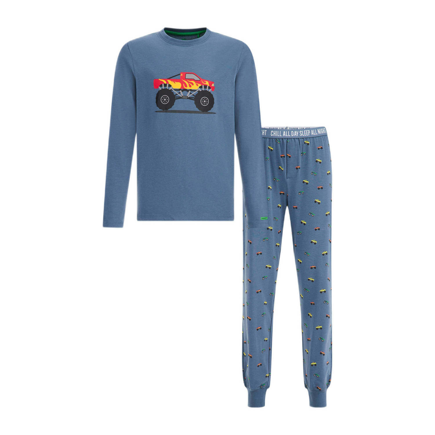 WE Fashion pyjama met printopdruk middenblauw Jongens Stretchkatoen Ronde hals 110 116
