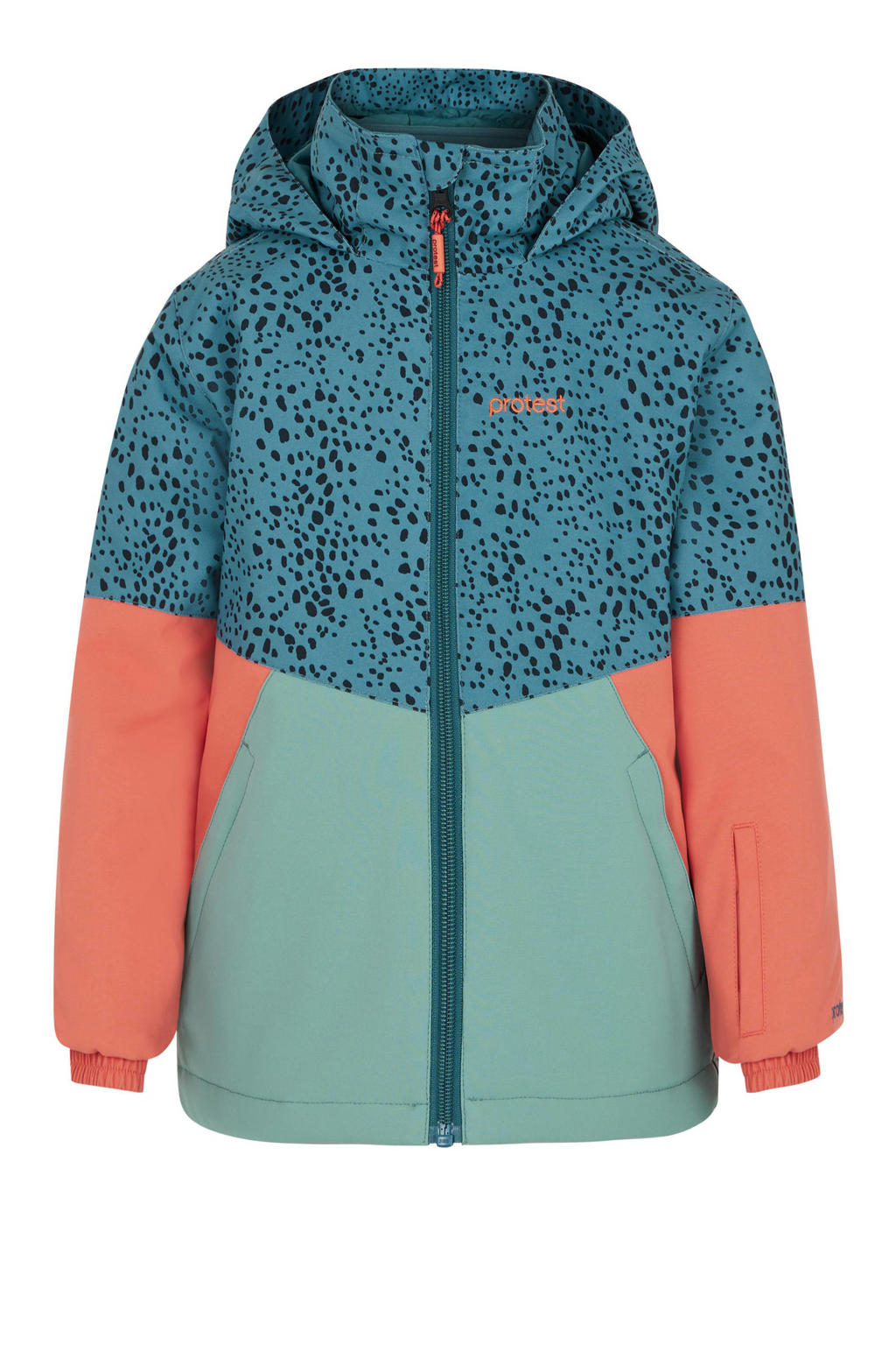 Blauwe meisjes Protest ski-jack met meerkleurige print, capuchon en winddichte rits