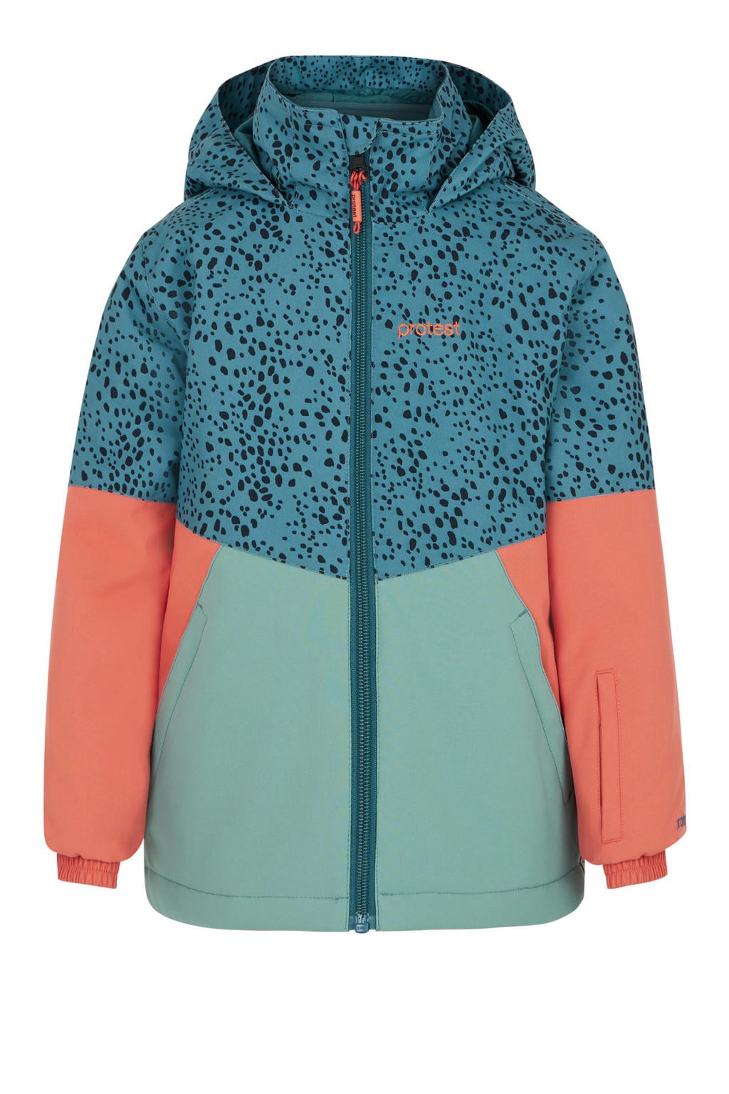 Blauwe meisjes Protest ski-jas van polyester met meerkleurige print, capuchon en winddichte rits