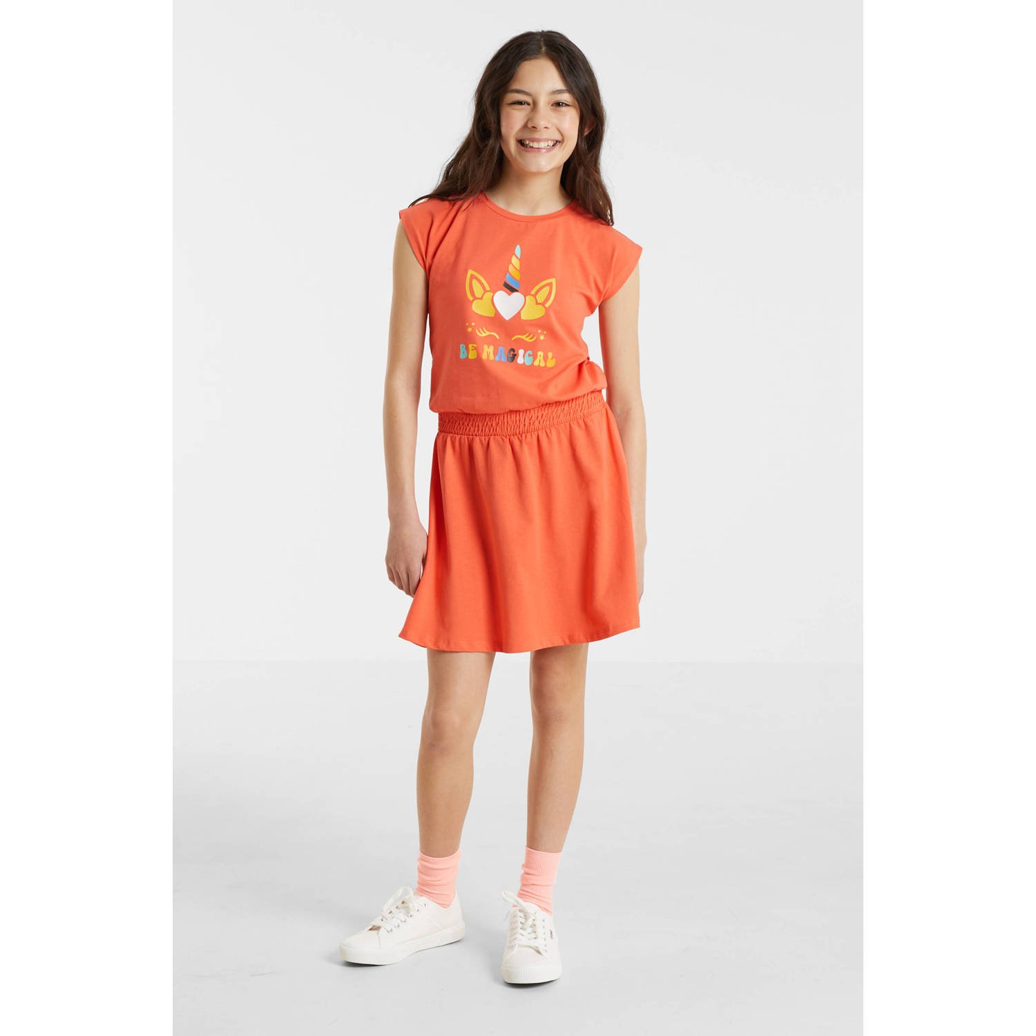 Anytime jurk met printopdruk oranje Meisjes Katoen Ronde hals Printopdruk 134 140