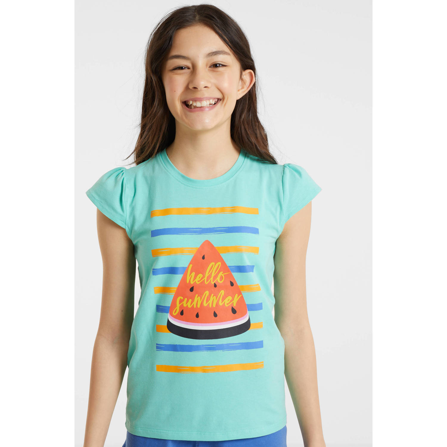 Anytime T-shirt met printopdruk mint Blauw Meisjes Katoen Ronde hals Printopdruk 110 116