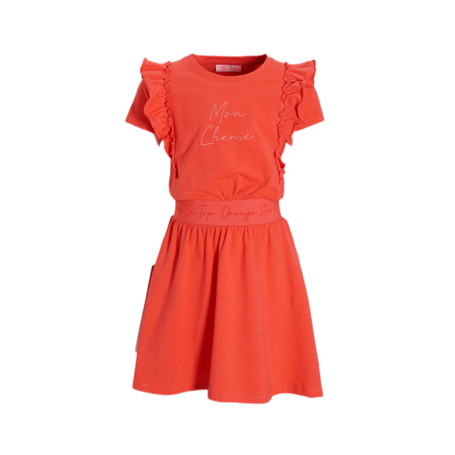 Orange Stars jurk Petronella met tekstopdruk koraal